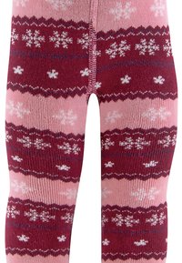 Knielange gemusterte Strumpfhosen in Pink, Rot und Weiß; mit Schneeflockenmotiven und horizontalen Streifen; aus weichem, dehnbarem Material.