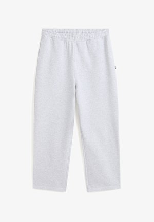 Pantalones deportivos gris claro con cintura elástica. Tela suave, diseño de pierna recta y sin bolsillos visibles ni estampados.