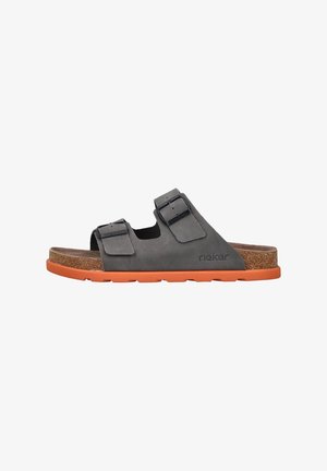 Gray synthetic slide sandals with two adjustable straps, cork footbed, and an orange rubber outsole. Branding visible on the side.