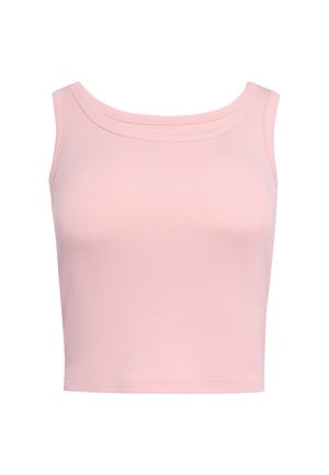 Lys lyserød ribbet ærmeløs crop top med bred rund halsudskæring og lige kant, vist på hvid baggrund.