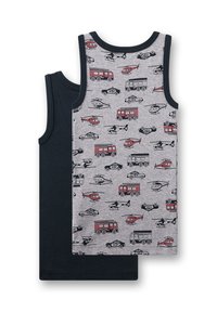 Two cotton tank tops: one gray with colorful vehicle prints and one solid black. Features a round neck and sleeveless design.