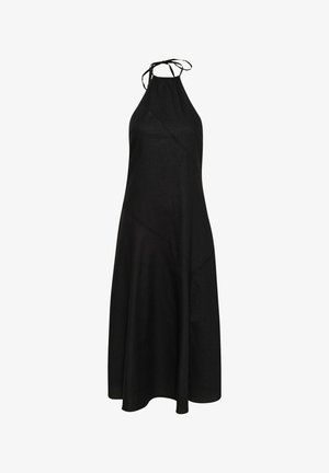 Schwarzes Leinen-Halterkleid mit tailliertem Oberteil und A-Linie-Rock, ausgestattet mit verstellbaren Bändern am Hals und diagonalen Nähten für gestalterische Akzente.