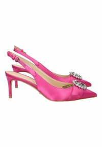 Décolleté rosa in satin con punta affusolata, caratterizzate da un'applicazione di gioielli nella parte anteriore e un tacco sottile di altezza media.