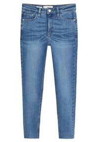 Jeans de denim azul ajustados con una cintura de altura media, cinco bolsillos y un sutil detalle de desgaste. La tela tiene un acabado suave y ligeramente texturizado.