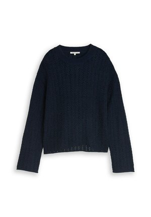 Granatowy, ciemny, dziany sweter z długimi rękawami i okrągłym dekoltem, z ozdobnym wzorem ażurowym.