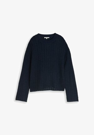 Pull en maille bleu marine foncé à manches longues et col rond, avec un motif ajouré texturé.