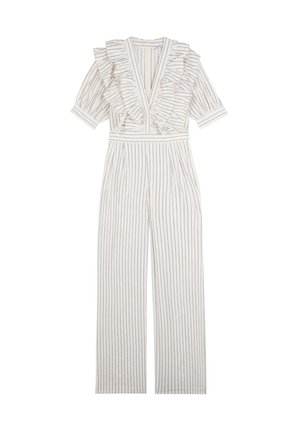 Biała kombinezon z pionowymi czarnymi paskami, dekoltem w kształcie V, falbaniastym wykończeniem szyi oraz krótkimi rękawami. Szerokie nogawki z plisowanymi detalami.