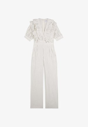 Biała kombinezon z pionowymi czarnymi paskami, dekoltem w kształcie V, falbaniastym wykończeniem szyi oraz krótkimi rękawami. Szerokie nogawki z plisowanymi detalami.