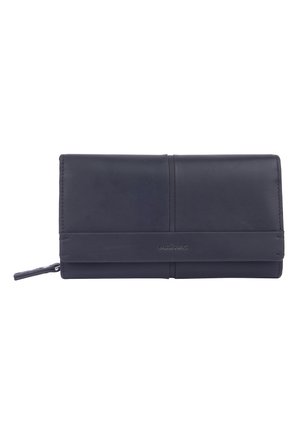 Black leather wallet featuring a smooth texture with a fold-over design, zip closure, and subtle logo detail on the front.