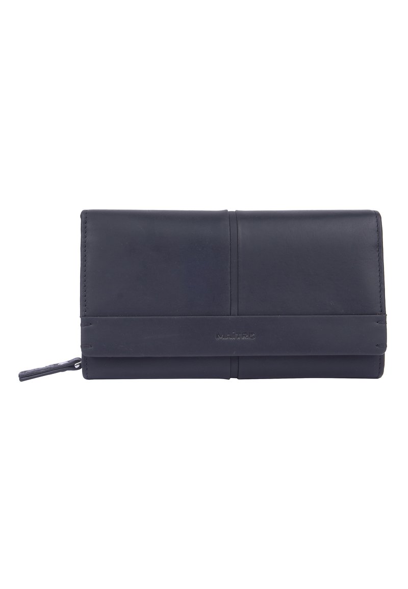 Portafoglio in pelle nera con una texture liscia, design a pieghe, chiusura con zip e un delicato dettaglio del logo sulla parte frontale.