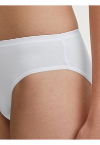 Witte katoenen slips met elastische tailleband; gladde textuur en standaard snit; zichtbare stiksels en zachte stofdetails.