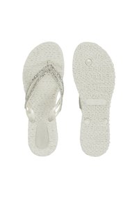 Infradito bianchi con suola testurizzata e accenti in strass trasparenti su doppi strap, dotati di una soletta modellata per il massimo comfort.