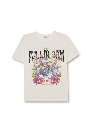 Camiseta de algodón en color crema con un diseño gráfico floral y el texto "FULL BLOOM" en letras negras y en negrita.