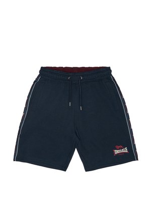 Laivastonsiniset narusahalliset shortsit sivutaskuilla, valkoiset pipingsaumat sivuilla, viininpunainen vuori ja punainen Lonsdale London -logo vasemmassa lahkeessa.