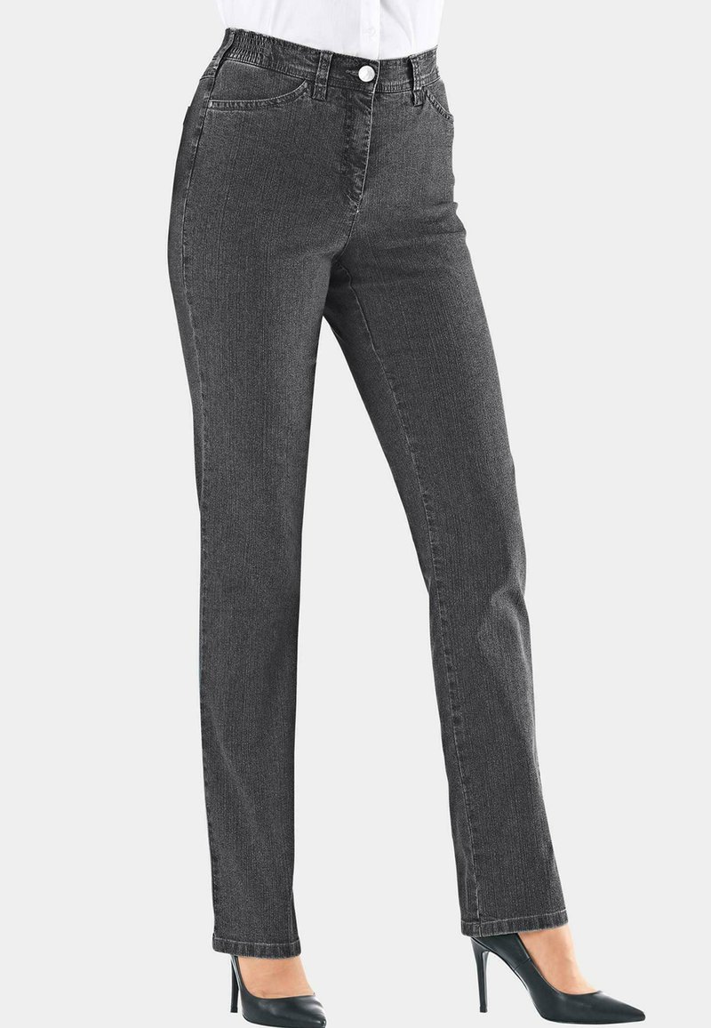 Grijze denim jeans met een straight leg snit, voorzien van een sluiting met knoop aan de voorkant, een elastische tailleband en twee voorkanten zakken.