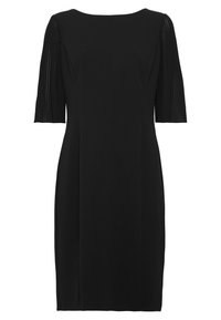 Czarna sukienka o dopasowanej sylwetce, z krótkimi plisowanymi rękawami i okrągłym dekoltem. Wykonana z gładkiego materiału, charakteryzująca się prostymi liniami.
