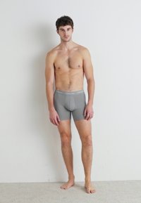 Grå boxershorts med en glatt tekstur og elastisk midjebånd, med en logo i lys grå. Modellen står med en nøytral holdning.