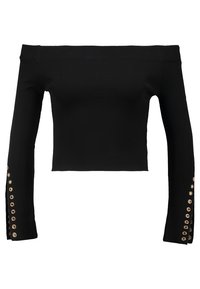 Black off-the-shoulder cropped top in ribbed fabric, featuring long sleeves with gold button accents along the cuffs.