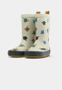 Bottes de pluie pour enfants avec semelles noires et motifs de monstres colorés de dessin animé, dotées de languettes à l'arrière.