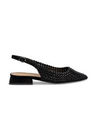 Chaussure à bride arrière noire avec un orteil pointu et des découpes circulaires décoratives, accentuée de suède texturé. Talon bloc bas.
