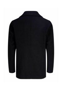 Melna vilnas mētela ar norādītu apkakli, garām piedurknēm un taisnu griezumu, kas izceļas ar vienkāršu dizainu un bezšuvju muguru bez rotājumiem.