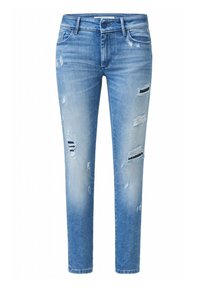 Jeans skinny de color azul claro, hechos de denim, con detalles desgastados que incluyen desgarros, secciones descoloridas y un diseño clásico de cinco bolsillos.