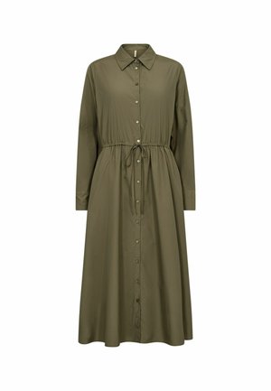 Olivengrøn, kjole med lange ærmer, krave, knaplukning foran, elastisk talje og justerbar snor. Fremstillet af glat stof.
