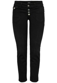 Svarta jeans i denim med smal passform, fem fickor och hög midja. Har en knappgylft stängning med fyra metallknappar.