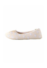 Ballet flats vaaleanbeige kankaasta, joissa on siniset kuvioidut kuoret, pyöreä varvasosa, pieni nauhadetaili, litteä pohja ja logotagi sivussa.