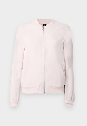 Light pink bomber jacket made of smooth fabric, featuring a front zipper, ribbed cuffs, and side pockets. Minimalist design with no patterns.