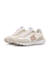 Beige und weiße Sneakers mit einem strukturierten Obermaterial, das einen rosa Akzent und Schnürsenkel aufweist. Gummisohle mit rutschfestem Muster. Rundes Zehendesign.