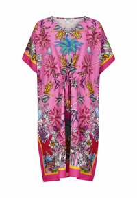 Roze kaftan met een levendig bloemen- en plantenpatroon, met korte mouwen en een verstelbare taille door middel van een koord. Zachte, lichtgewicht stof.