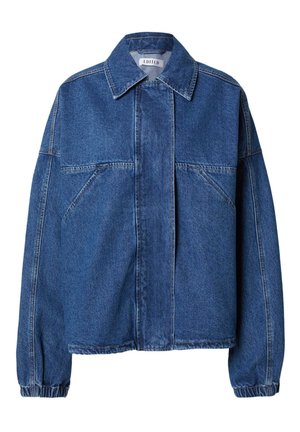 Blauwe spijkerjas met een puntige kraag, verborgen frontsluiting, schuine borstzakken, lange mouwen en elastische manchetten.