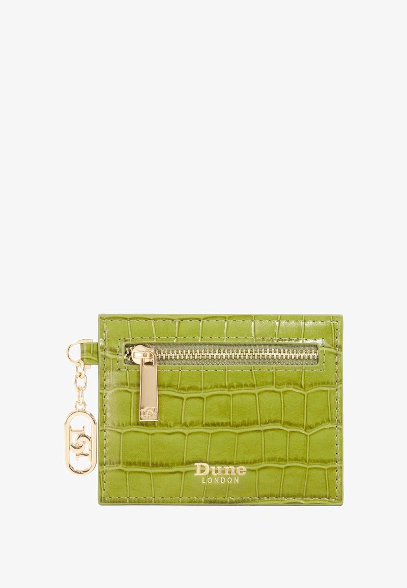 Green crocodile-embossed cardholder with a gold zipper, chain, and logo. Features smooth, shiny texture and structured rectangular shape.