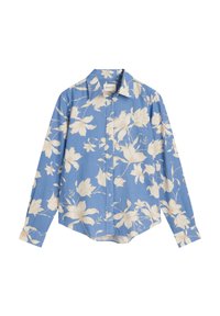 Himmelblaues Baumwollhemd mit weißen Blumenmustern; lange Ärmel, klassischer Kragen und abgerundeter Saum, mit einem Etikett innen.