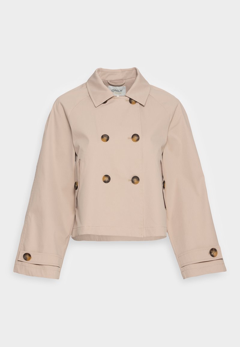 Beige rövidített trench kabát, dupla gombolású dizájnnal, nagy barna gombokkal és klasszikus gallérral. Hosszú ujjak és oldalsó varratok találhatók rajta.