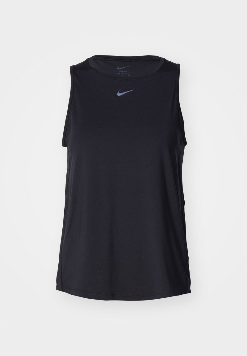 Schwarzes Nike ärmelloses Sporttanktop aus glattem Stoff, mit einem runden Halsausschnitt und einem kleinen Logo auf der Brust.