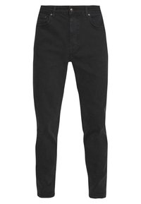 Černé džíny z denimu se střihem rovného nohavice, pěti kapsami, zapínáním na knoflík a jemnými detaily šití. Hladký, matný povrch.