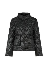 Czarna pikowana kurtka puchowa z stójką, zapięciem na guziki, dwoma przednimi kieszeniami i teksturowanym wzorem w diamenty. Gładki, błyszczący materiał.