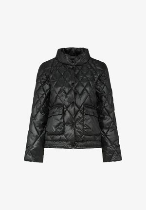 Czarna pikowana kurtka puchowa z stójką, zapięciem na guziki, dwoma przednimi kieszeniami i teksturowanym wzorem w diamenty. Gładki, błyszczący materiał.