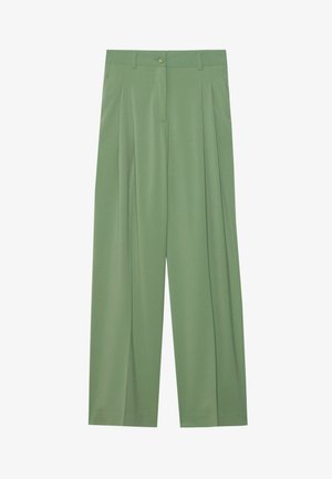 Green wide-leg trousers made of smooth fabric. Features pleats at the front, a single button closure, and belt loops.