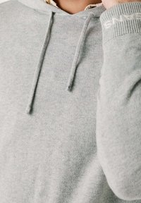 Felpa con cappuccio grigio chiaro in tessuto morbido; presenta un coulisse, polsini a coste e logo del marchio lavorato a maglia sulla manica. Texture liscia.