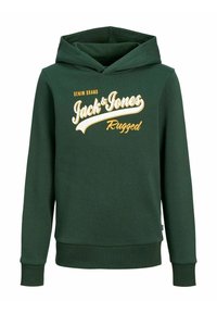 Zelená mikina s kapucí vyrobená z bawežné směsi, s předním potiskem v bílé a žluté barvě. Design zahrnuje klokanní kapsu a žebrované manžety.