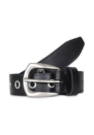 Black leather belt with silver rectangular buckle and circular metal eyelets spaced evenly along the strap, coiled on a white background.