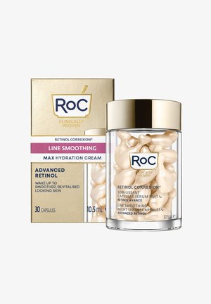 Roc Retinol Correxion Max Hydration Cream in einem transparenten Glas mit goldenem Deckel, darin 30 hellbeige Kapseln, gekennzeichnet mit Anwendungshinweisen und Volumen.