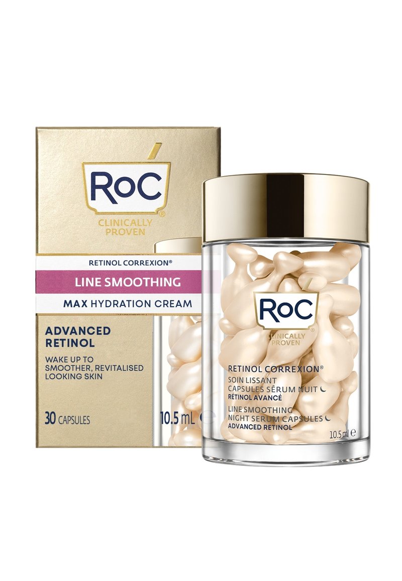Crema Roc Retinol Correxion Max Hydration in un barattolo trasparente, con coperchio dorato, contenente 30 capsule leggermente beige, etichettate per l'uso e il volume.