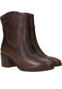 Bruine leren enkelboots met een ronde neus, zijstiksels en een gestructureerde blokhak. Gladde afwerking met contrasterende glans.