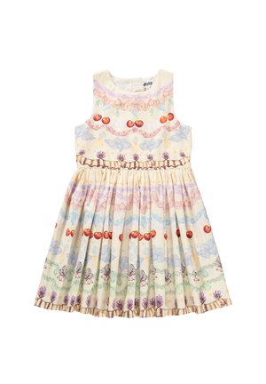 Abito senza maniche di colore crema con gonna arricciata, caratterizzato da motivi di ciliegie e fiori in tonalità pastello, e orlo arricciato.