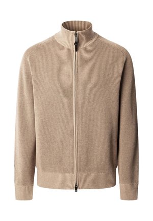 Beige geribbelde sweater met rits en hoge hals, met een gladde textuur en contrasterende ritssluiting. Slim fit met lange mouwen en zonder zakken.