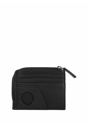 Black leather wallet with zipper closure, multiple card slots, and a round cutout detail on the front. Compact rectangular design.